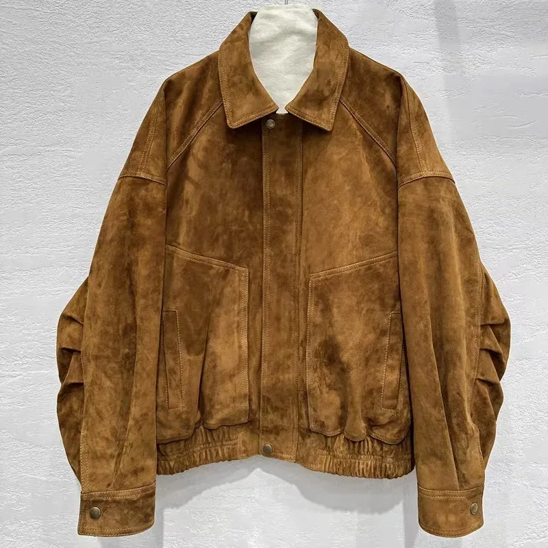 Retro High End Imported Soft  Suede Leather Bomber Jacket Woman Square Neck Folded Sleeve Big Pocket  100% Kid Suede Coat Top