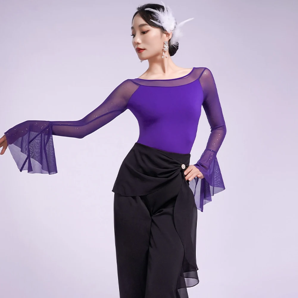 社交ダンス ラインダンス パープル ジャンプスーツ ワルツ 社交ダンス クルーネック レディース トップス ロータススリーブ セクシー ブラック 新品 インディゴ 長袖