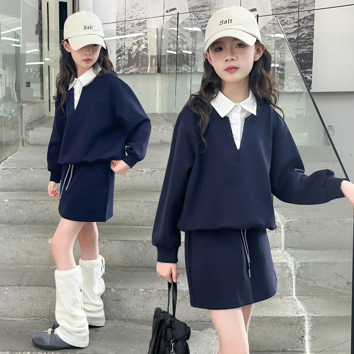2026 girls autumn sailor sweatshirt hooded top t-shirt + mini skirt teenager children clothes set 4 8 9 10 11 12 14 year preppy