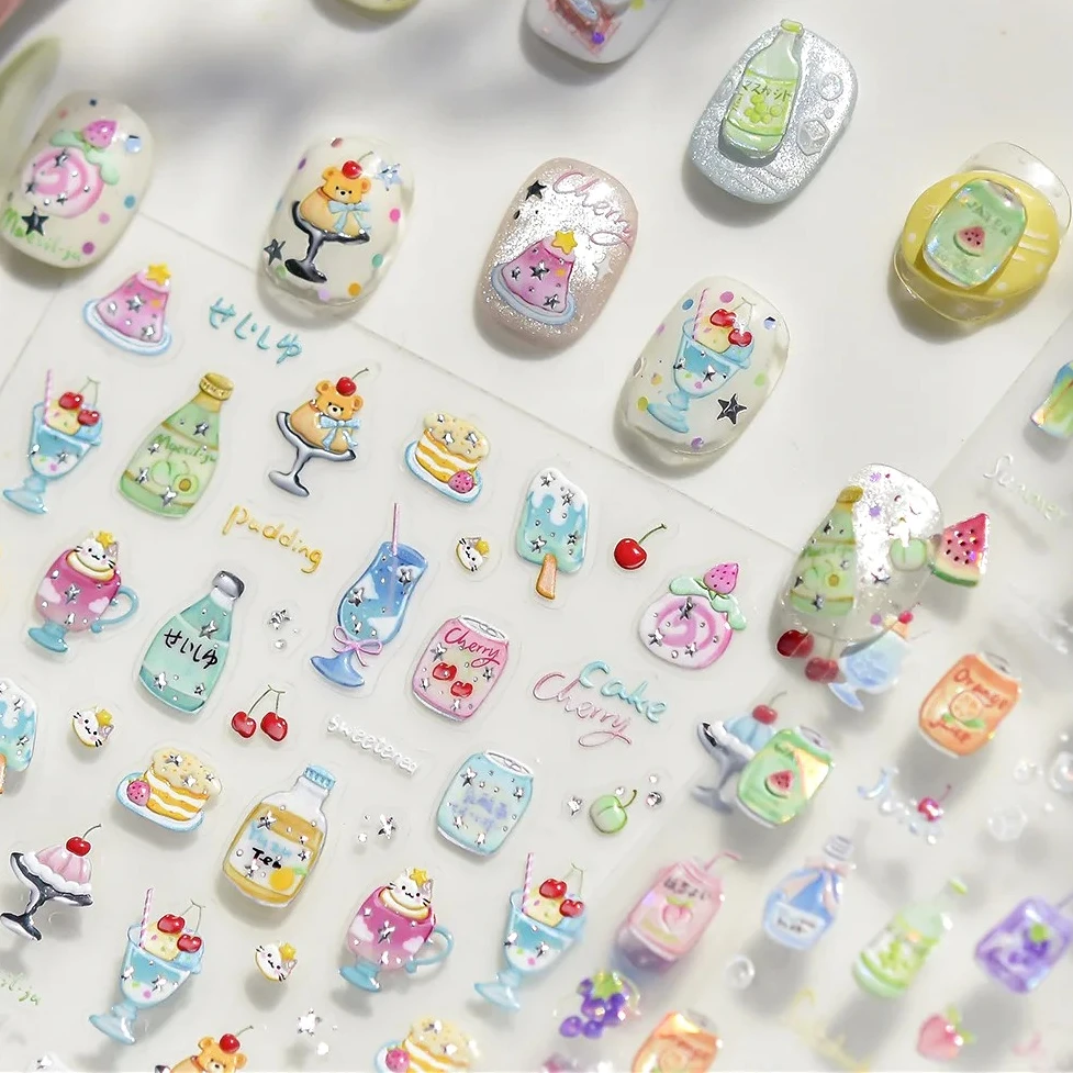 

Fruit Food Soda Drinks Beverage Watermelon Cherry Peach Pudding Popsicle Grape Delicate Adhesive Nail Art Sticker Manicure Decal