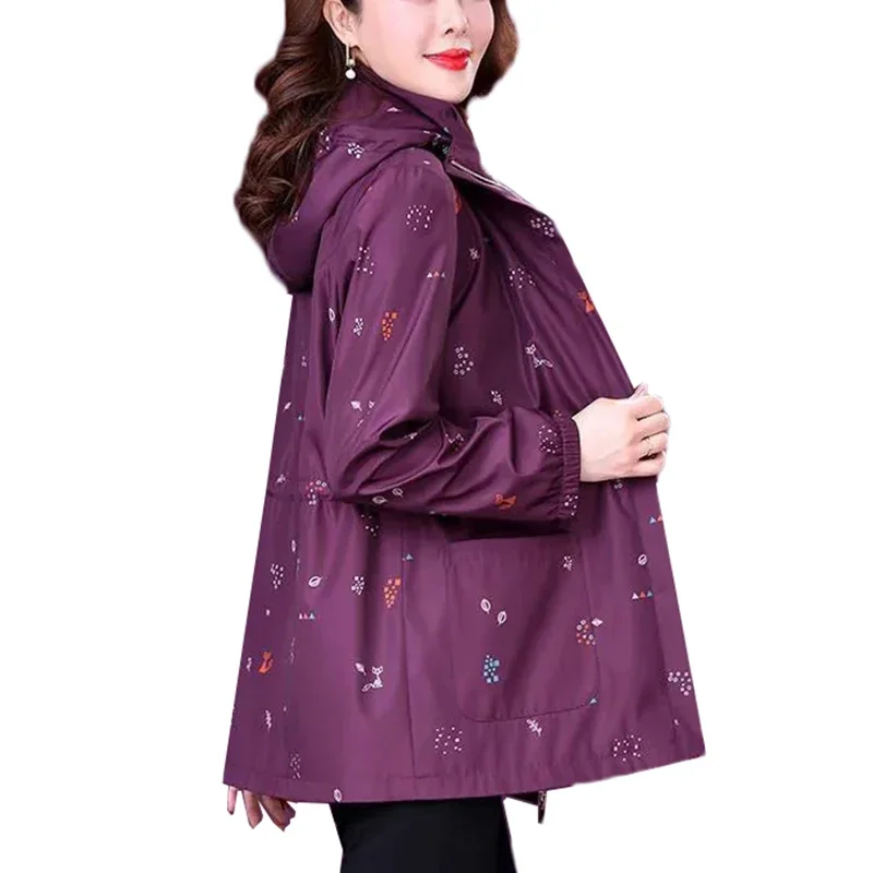 

Autumn Women Trench Coat New Fashion Printed Hooded Outerwear High Quality Middle-aged Female Windbreakers Basic Casual Top 2022