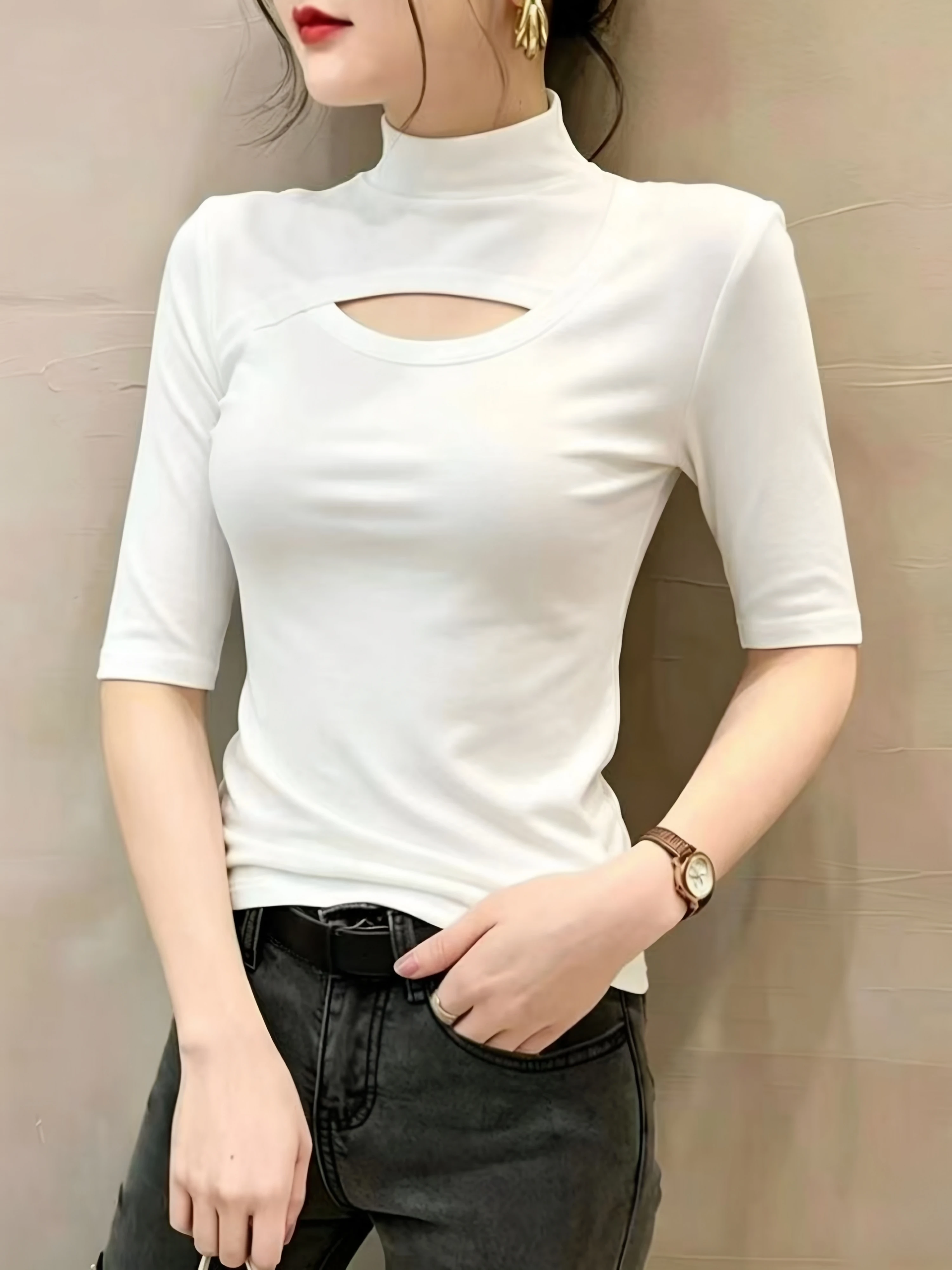

Women's Hollow out Base Shirt Half High Collar Short Sleeve T-Shirt Inner Wear Top Large Size Summer Simple Style Pure Color