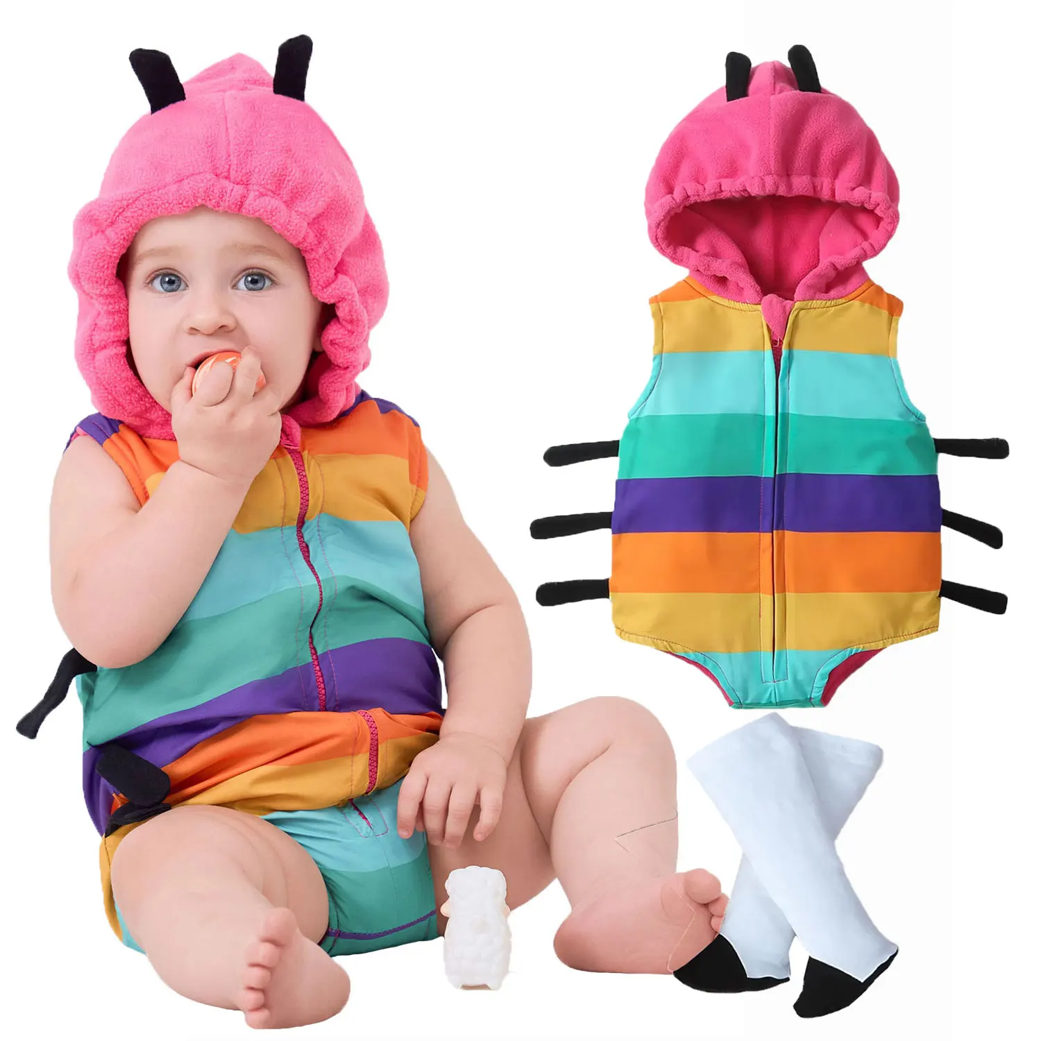 Umorden Color Caterpillar Costume Baby Girls Infant 0-6M 6-12M 12-18M Hoodie Sleeveless Romper Bodysuit With Stockings