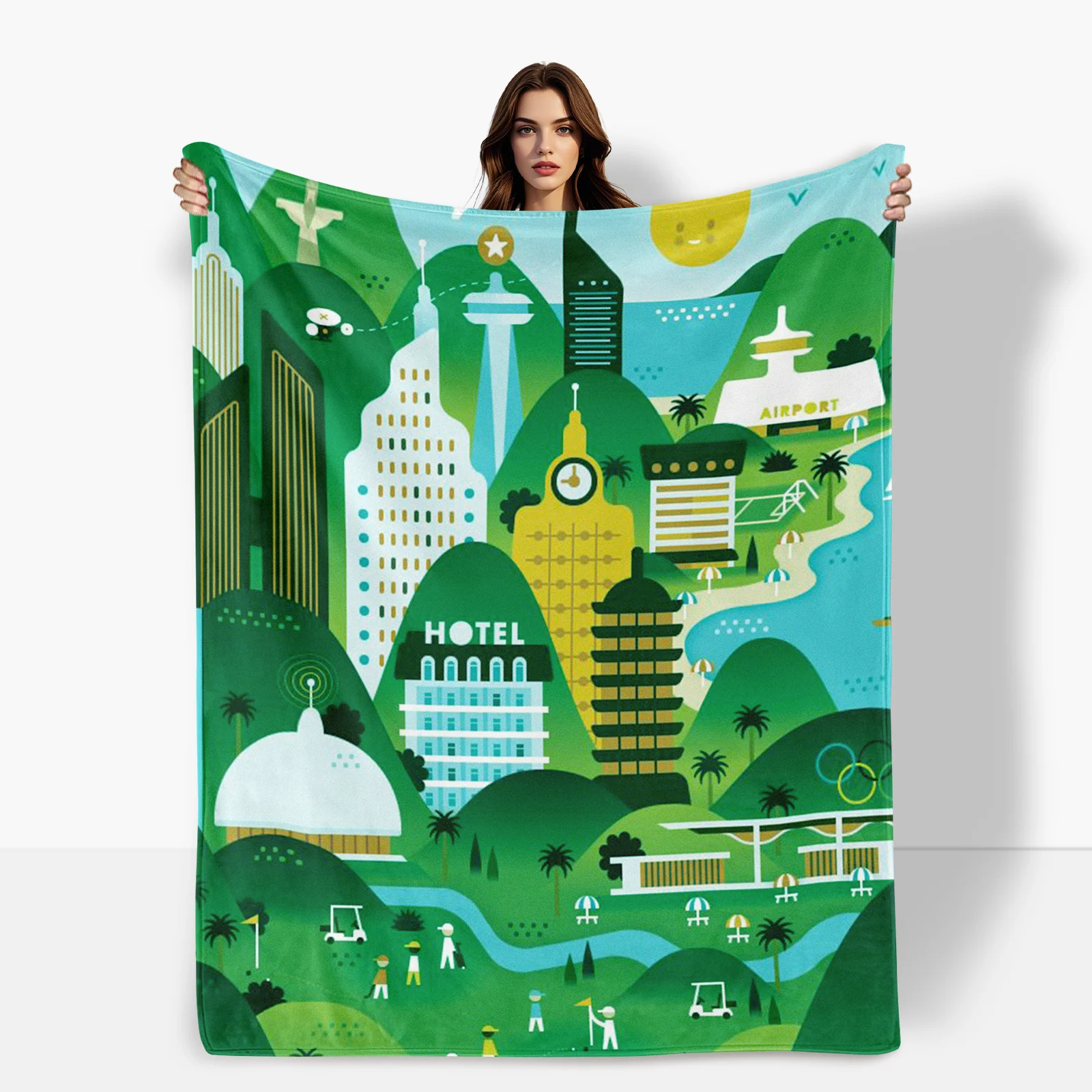 House Green Mountain Plane River Design Cozy Blanket For Nature Themed Home Styling And Warmth During Relaxing Evenings