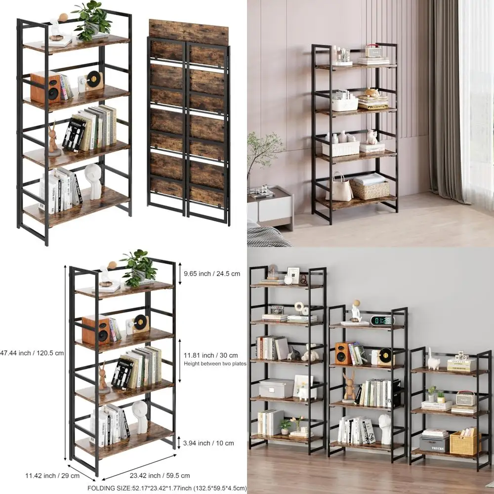 

Vintage Multifunctional Folding Bookshelf: 4-Tier Plant Stand Storage Rack for Home and Office Use in Fire Color