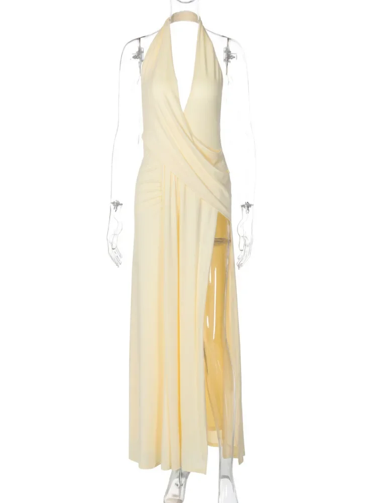Halter profundo decote em v sem costas sexy maxi vestido feminino moda irregular sem mangas coxa alta divisão clube vestidos de festa