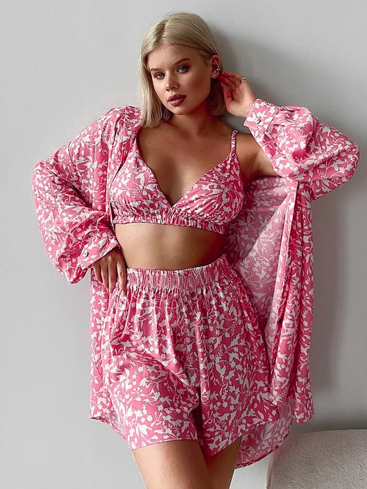 חולצת טריקו הדפס קצרים ורוד פיג 'מה 3 חלקים חולצות שרוול קיץ ארוך עם חזייה סקסית מזדמן החזייה מזדמן קצרים