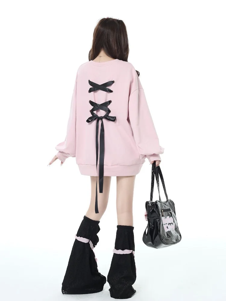 Deeptow Y2K Kawaii Bow Lace up Love Embroider Designed Hoodies Women Long Sleeve Top Harajuku Sweatshirt Aesthetic Clothes