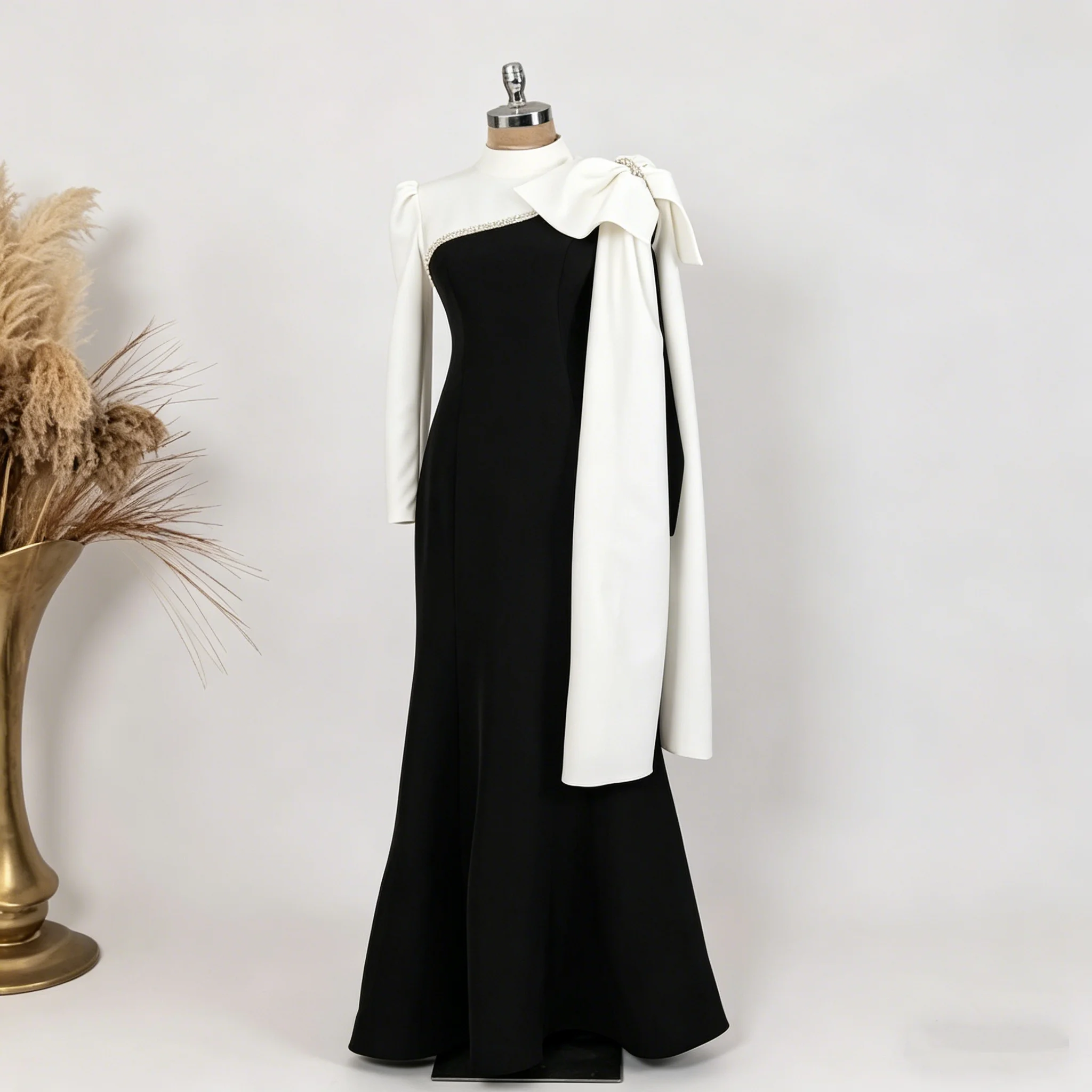 

Customized Jersey Bow Beading Trumpet High Collar Long Dresses Bespoke Occasion Party Elegant Simple Formal