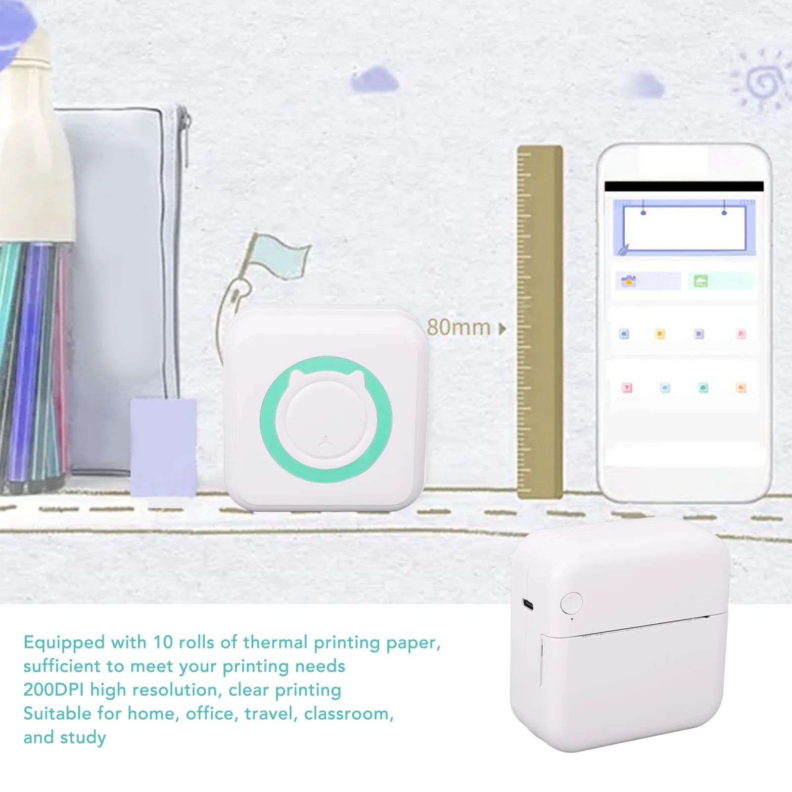 【New】Study Printer 200DPI Thermal Inkless Black and White Printing Bluetooth Portable Printer with 10 Roll Papers Study Printer