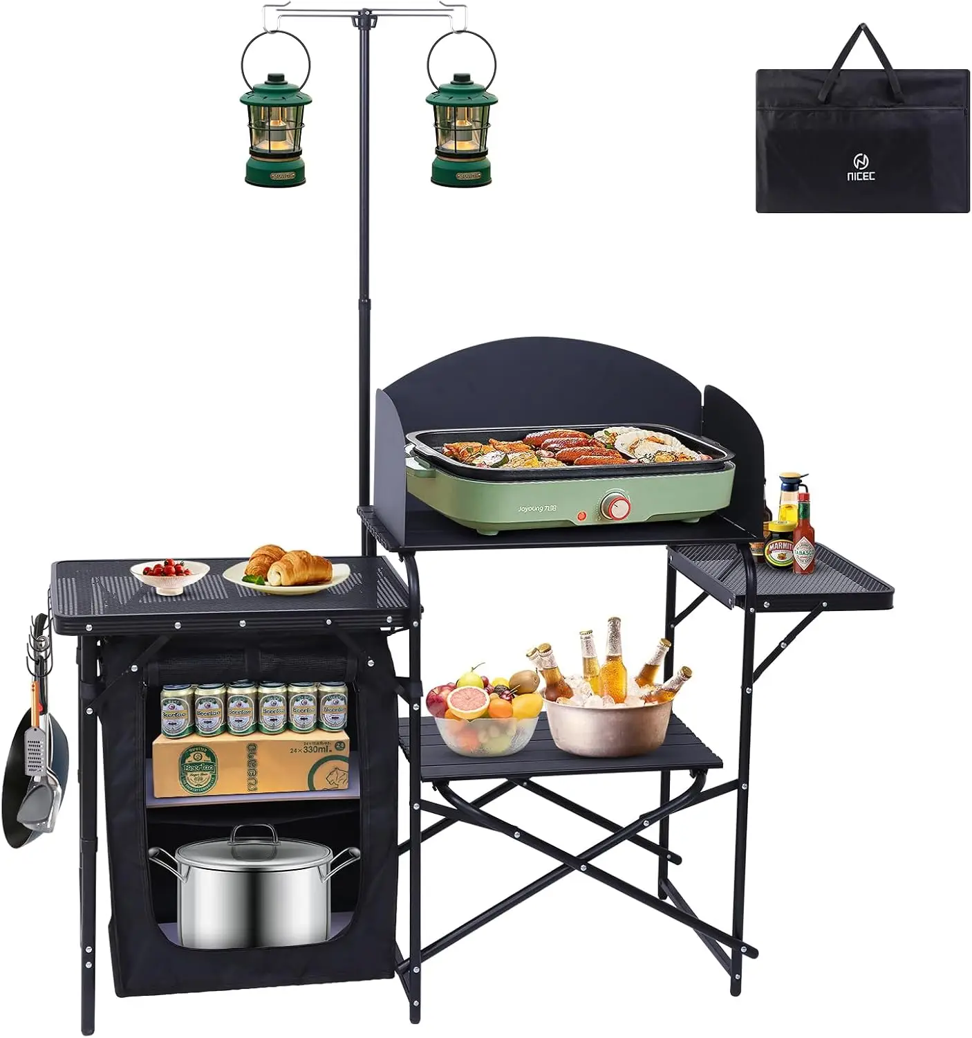 Camping Kitchen Table Station, Portable Folding Grill Table (Black) | Picnic Cook Table, Camping Organizer, Upgraded Light