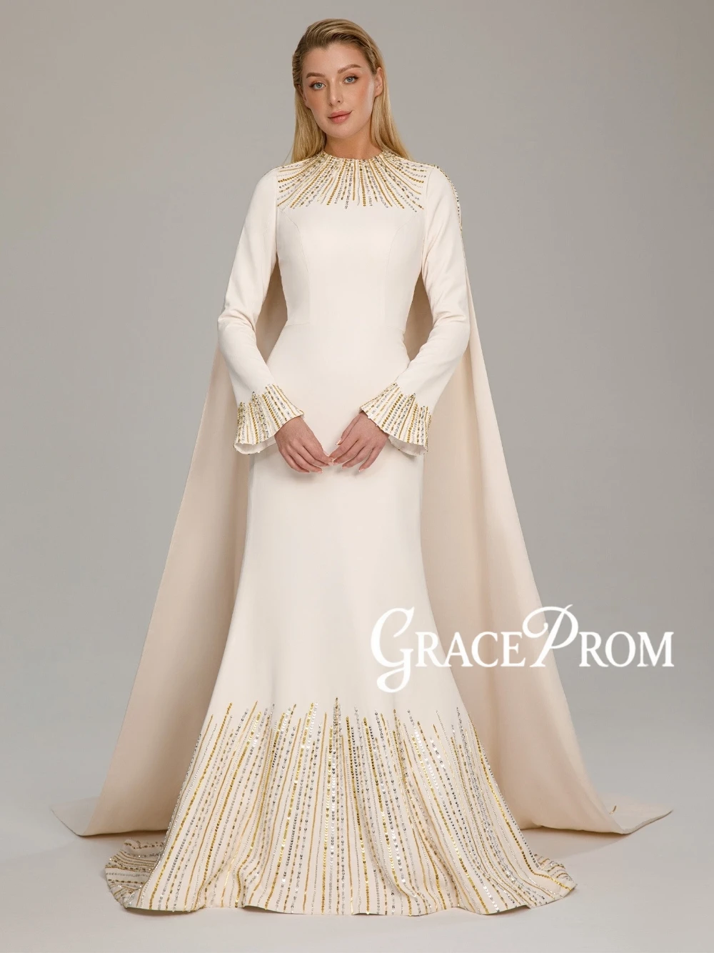 

Modest Ivory Muslim Evening Dress Customized Cape Sleeve Sequined Beaded Formal Dubai Mermaid Prom Gown With Train For Weddings