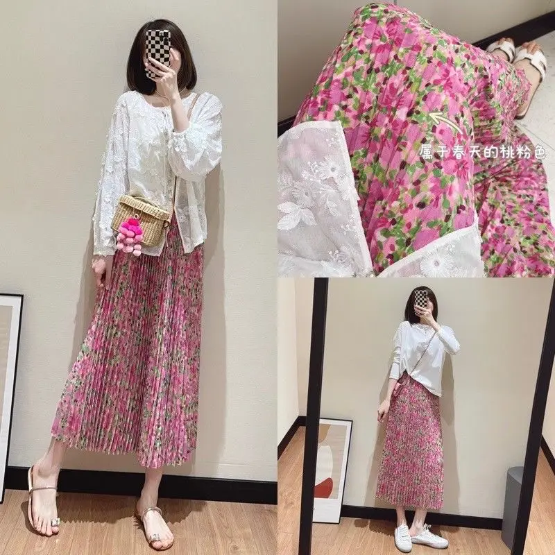 Floral Pleated Skirt Women High Waist Long Skirt Woman Pink Beach Maxi Skirts for Women Boho Party Vintage Women's Skirts A656