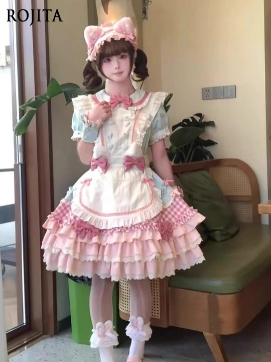 

Strawberry Cream Cake Dress Sweet Cute Bow Lolita Dress Short Sleeve OP Lolita Maid Style Puffy Princess Dress and Apron