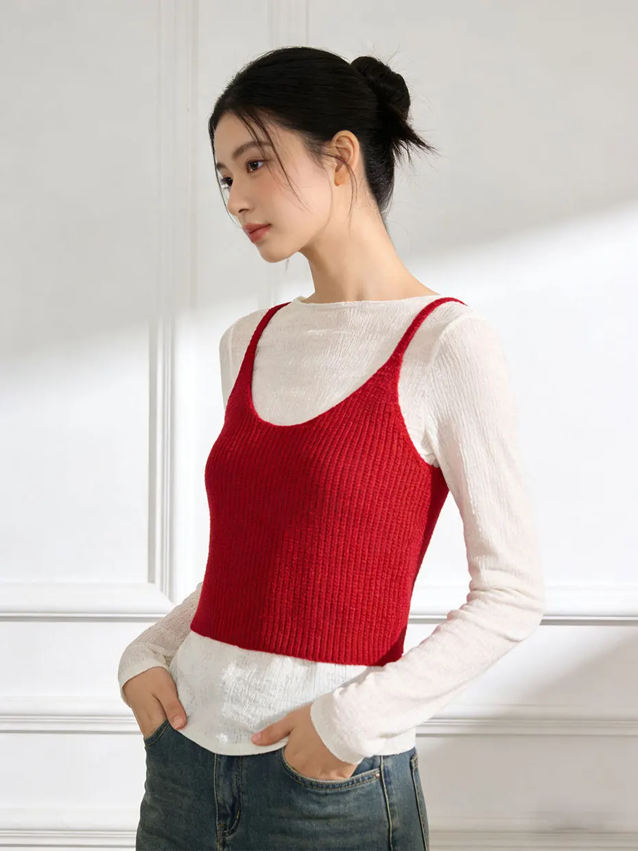 

Early Spring 2026 Women's Knitted Short Top Set Base Shirt Inner Wear Red Beautiful Layering Ensemble French Style Slim Fit