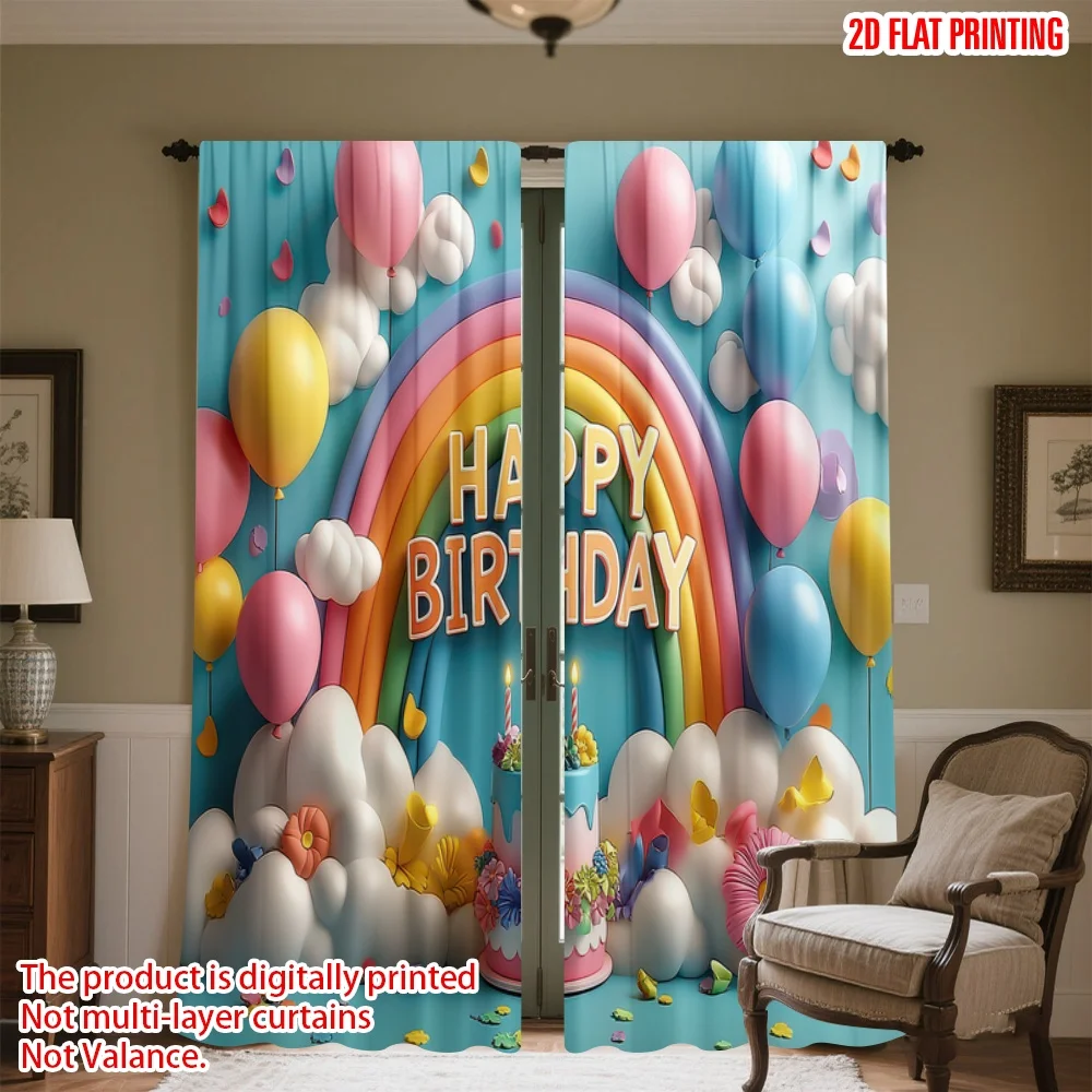 

2D flat printing 2pcs Scene Curtains Birthday Rainbow Celebration Digital Printed Polyester Drapes Festive Wall Decor Perfect