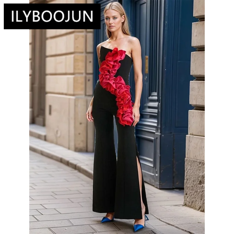 

ILYBOOJUN Hit Color Spliced Appliques Jumpsuits For Women Slash Neck Sleeveless High Waist Split Jumpsuit Female Fashion New