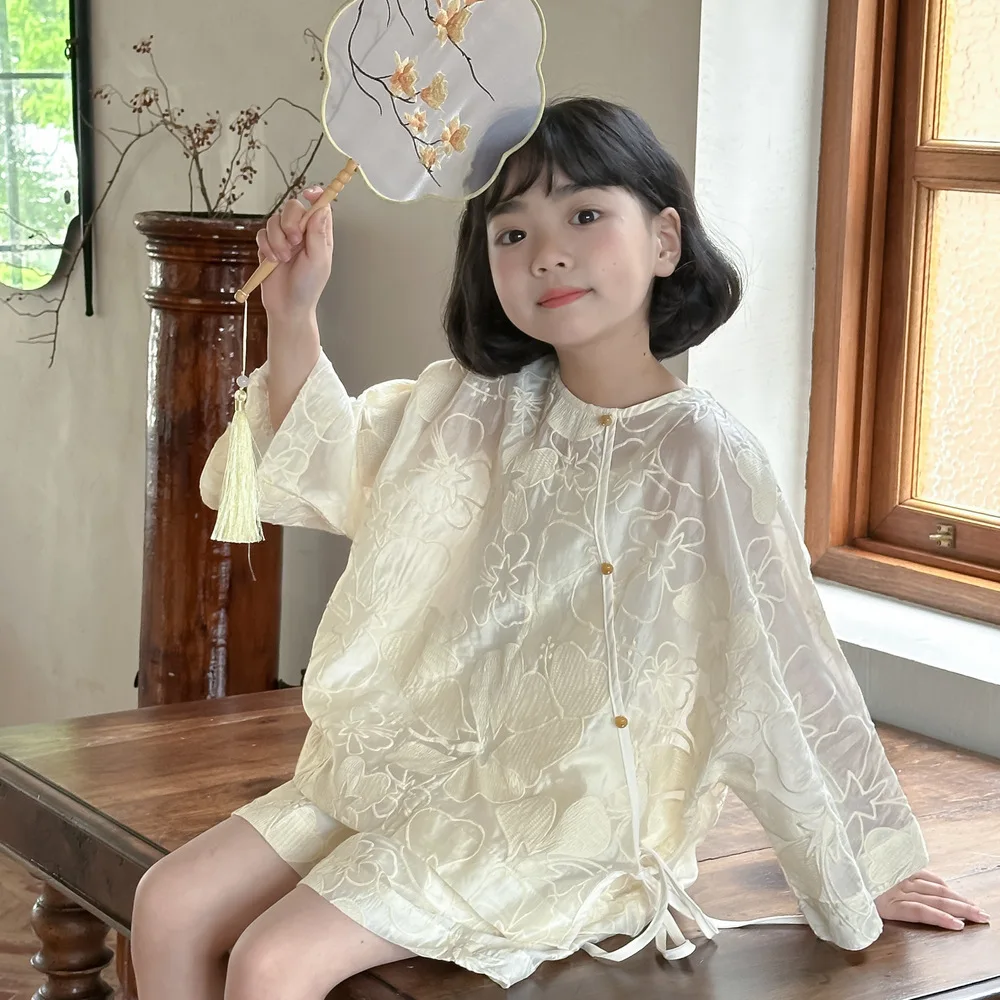 Baby Girl Clothes Suit Kids Summer 2024 Girls Chinese Style See-through Flower Two-piece Kid Fashion Lace-up Shorts Set