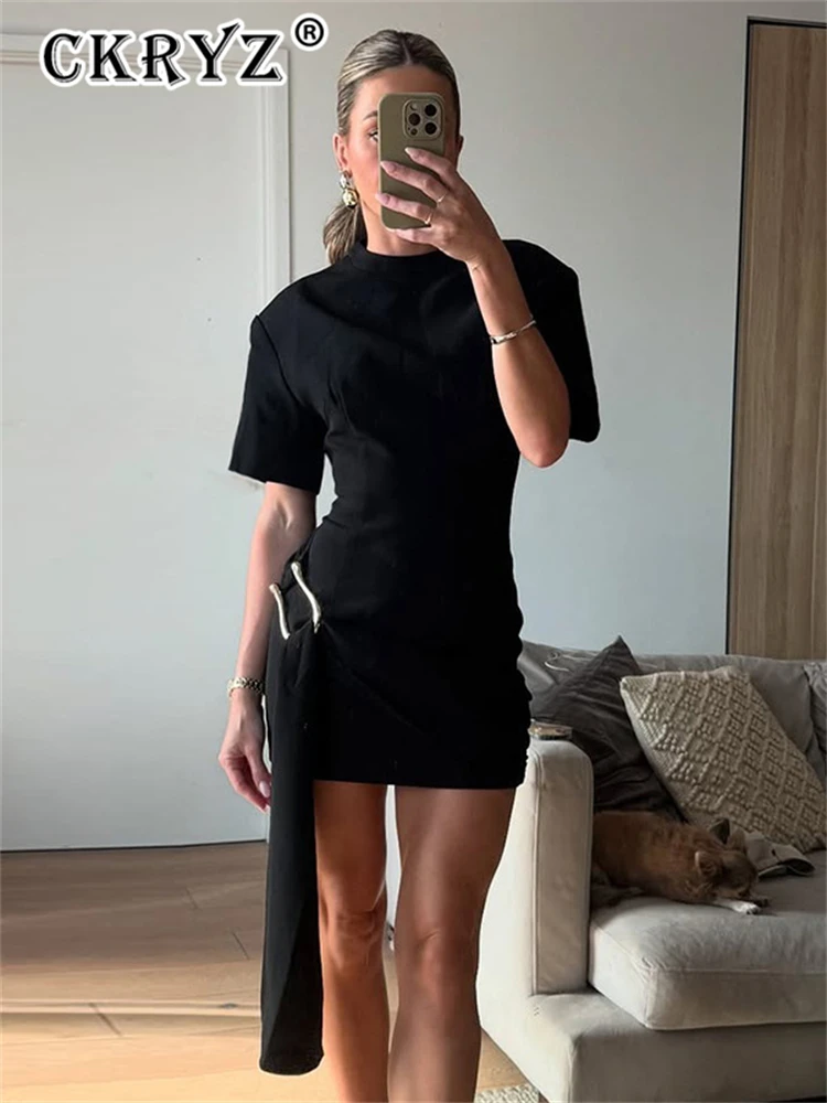 

Ladies O-Neck Short Sleeves Lace Up Bodycon Metal Button New Mini Dress Solid Casual Elegant Short Dress Club Streetwear Outfits