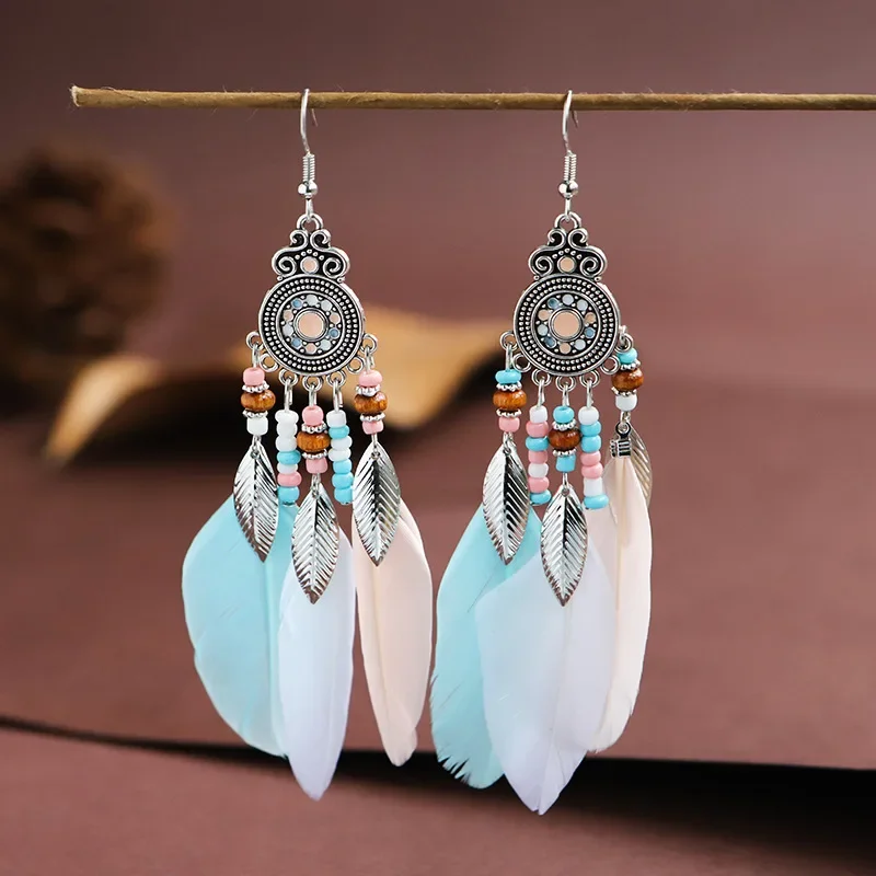 Bohemian Ethnic Feather Drop Earrings For Women Elegant Wood Beads Leaf Long Tassels Dangle Earring Girls Fashion Party Jewelry