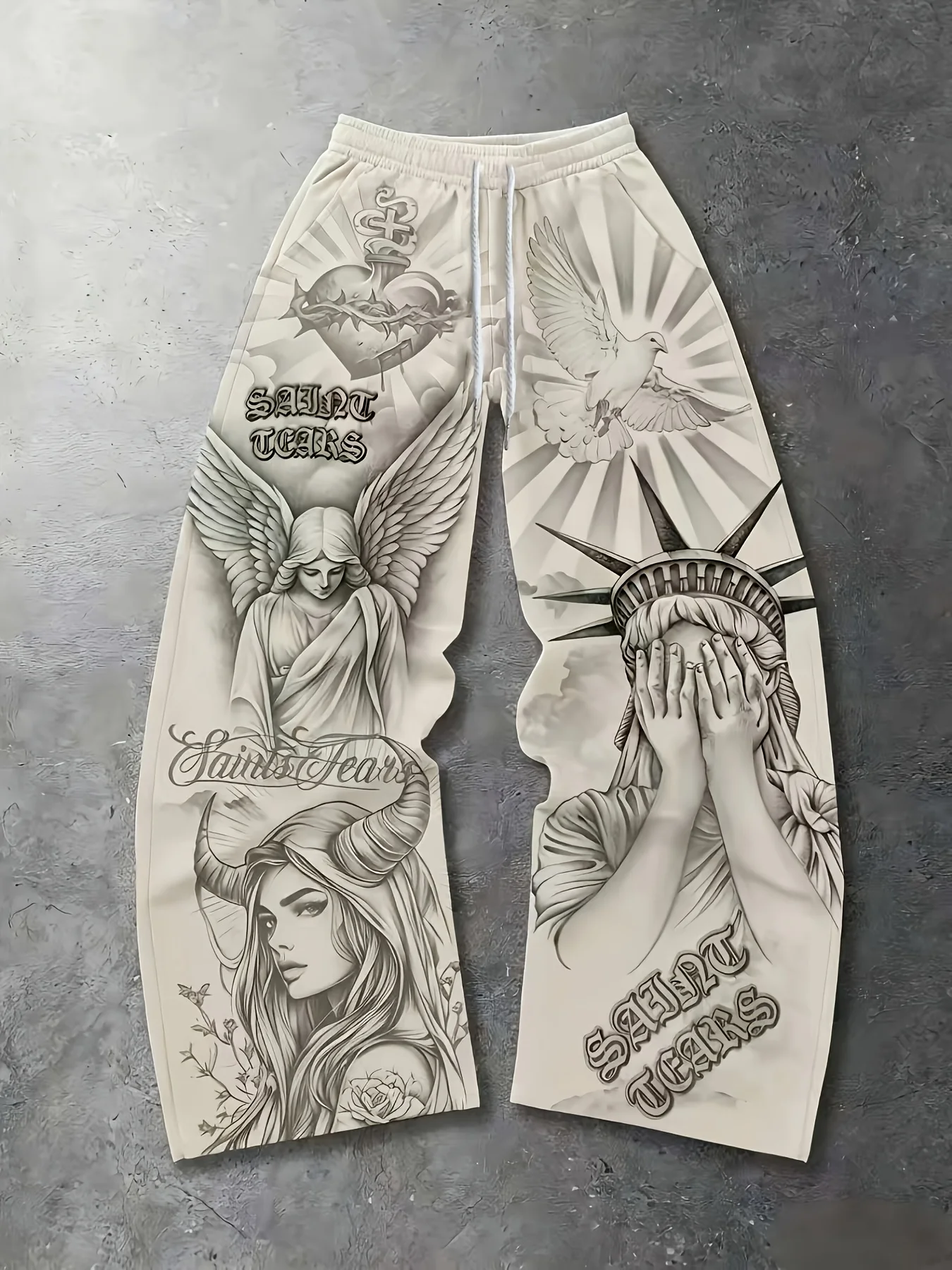 American Street Chicano Tattoo Style Angel Devil Statue of Liberty Printed Wide Leg Pants Men and Women Plus Black Y2K Pants
