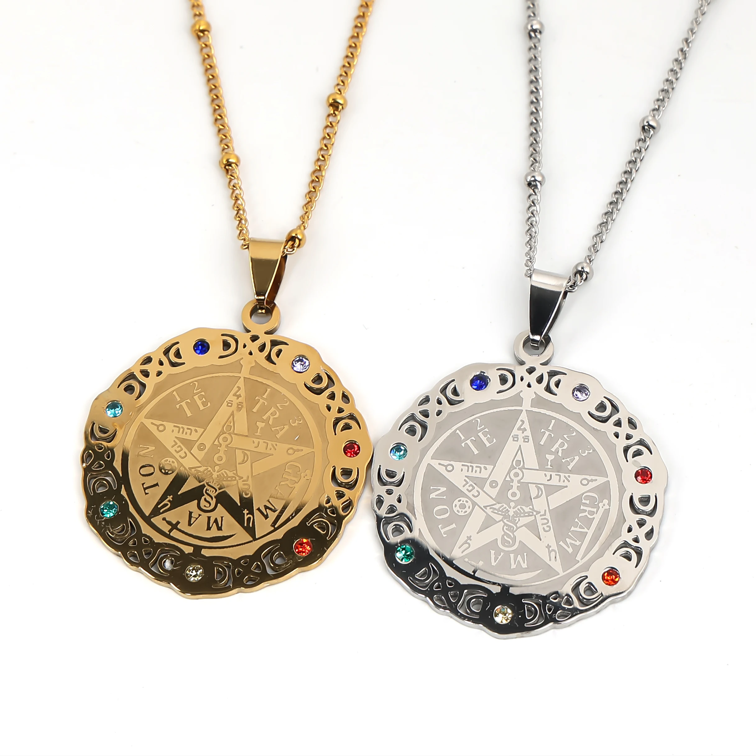 

Tetragrammaton Pentagram 7 Chakra Jewish Necklace for Women Men Stainless Steel Triple Goddess Rhinestones Amulet Chain Jewelry