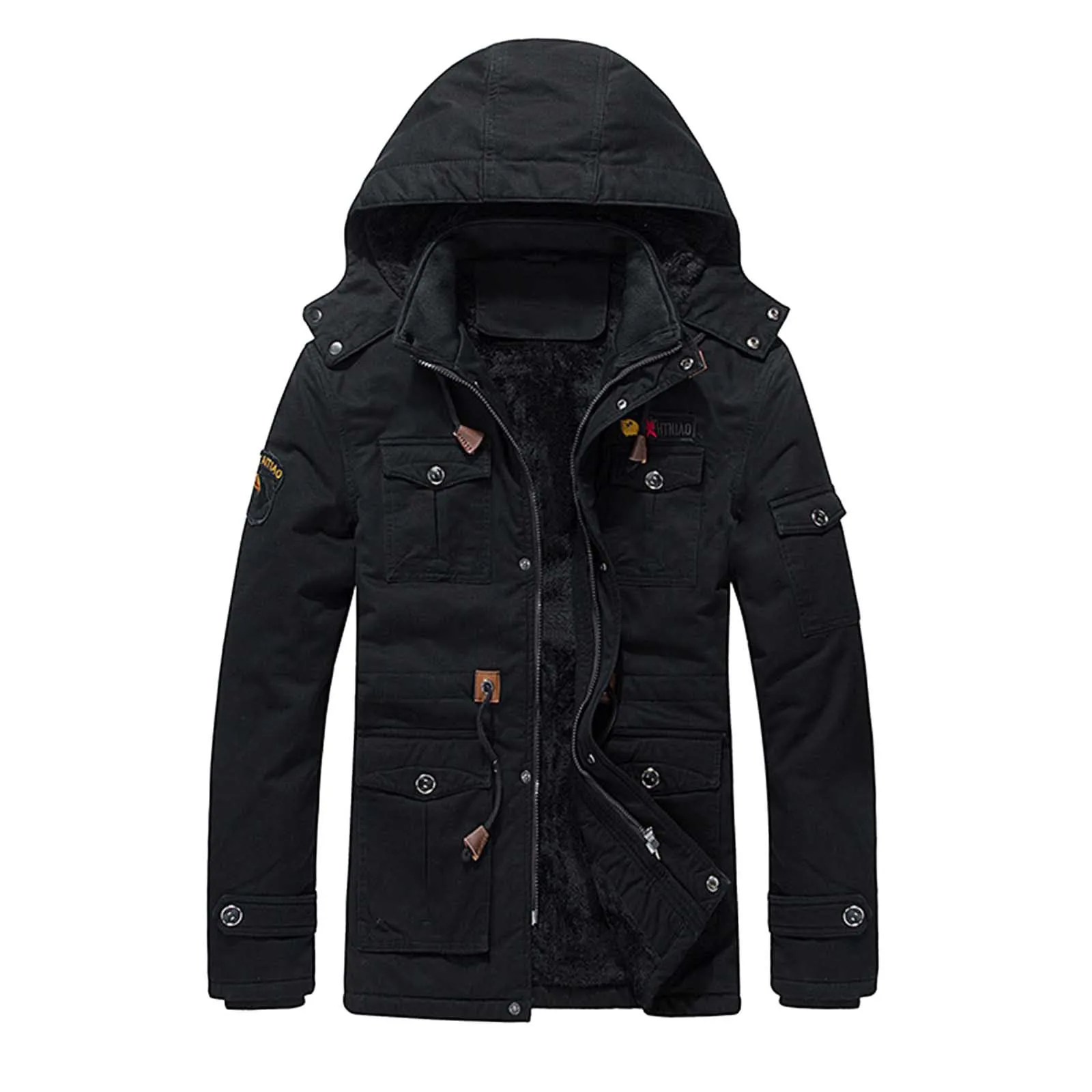 Men's Winter Coat Thick Jacket Mid Length Hooded Cargo Jacket Mens Full Zip up Jacket Men Silk Coat