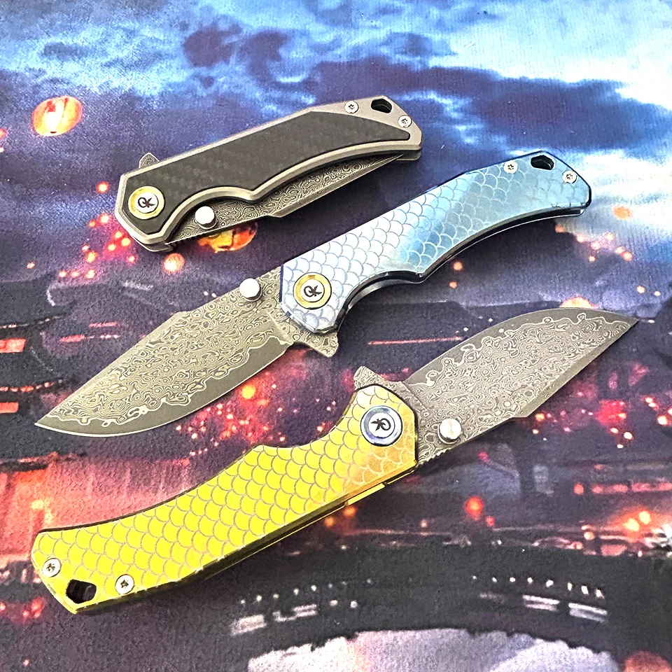 VG10 Damascus Steel Folding Pocket Knife Cryogenic Treated Blade TC4 Carbon Fiber Anodized Handle Titanium Clip Ceramic Bearings
