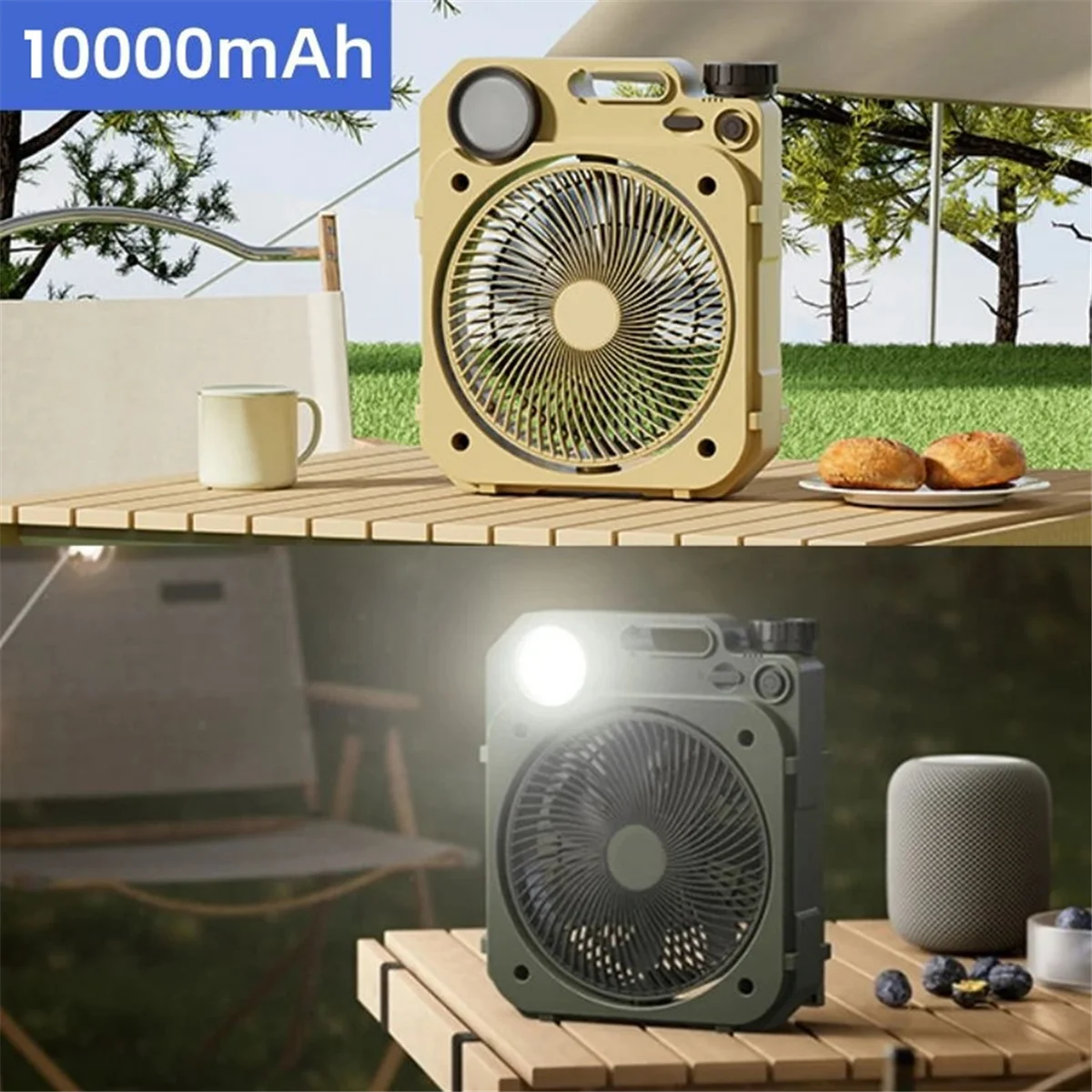 10000mAh Camping Fan with LED Lighting Rechargeable Desktop Portable Circulator Outdoor Fan Shake Head Electric Fan,A