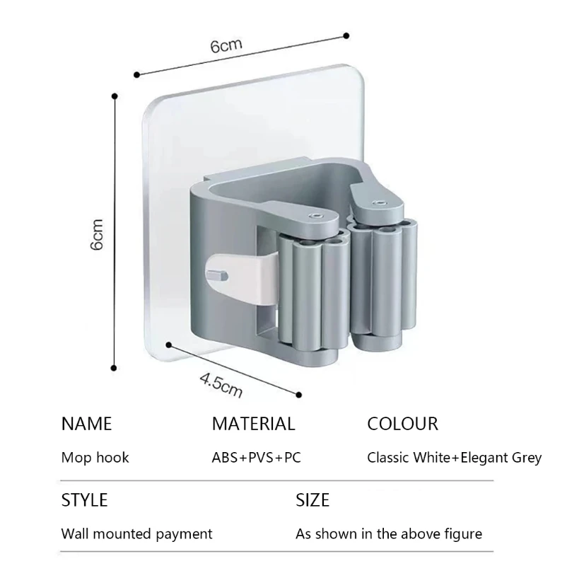 No Drill Mop Holder Hook Heavy Duty Wall‑Mounted Mop Broom Gripper Adhesive Mop Organizer for Bathroom Kitchen Storage