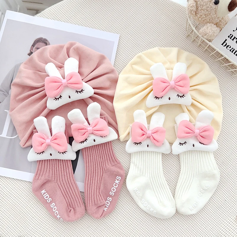 

﻿ 2Pcs Cartoon Cute Rabbit Baby Hat Socks Set Soft Cotton Infant Newborn Windproof Headwraps Anti-Slip Knitted Elastic Socks
