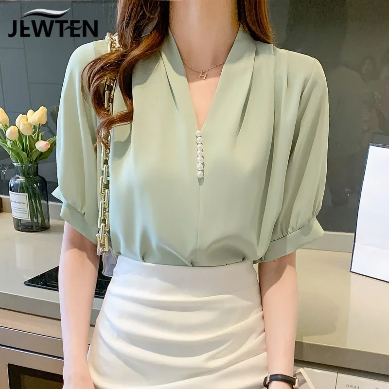 Summer New Elegant V Neck Chiffon Blouse Short Sleeve Solid Color Thin All-match Shirt Tops Temperament Fashion Women Clothing