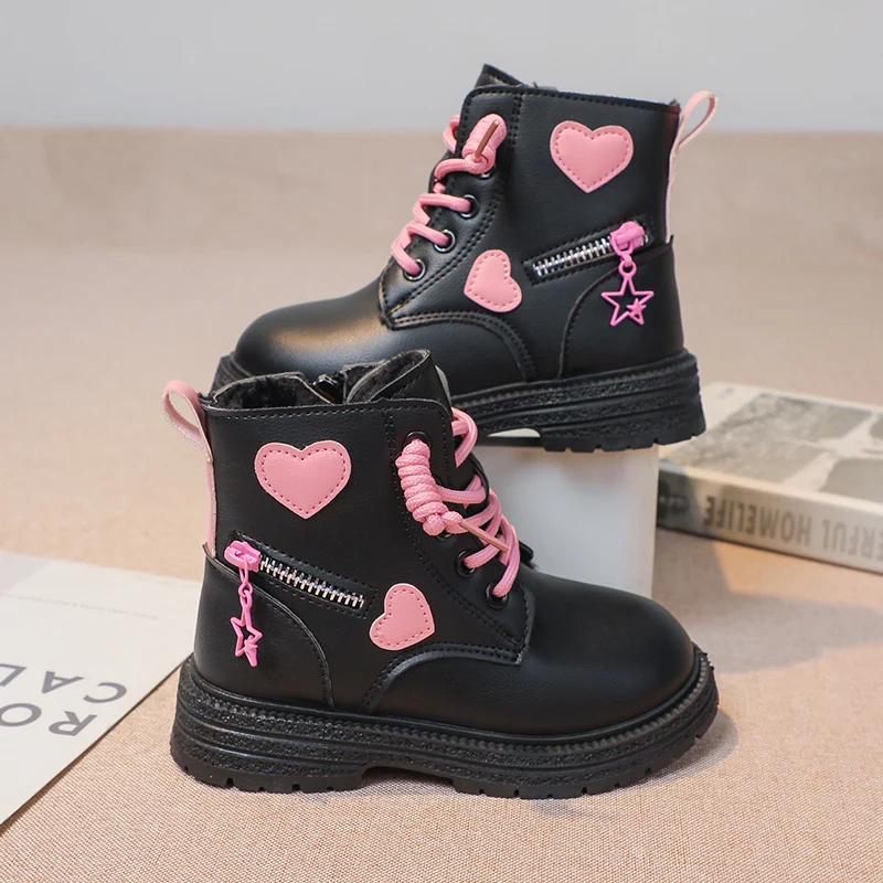 A pair of kids warm casual high‑top boots, lace‑up design with cute ornaments for outdoor winter activities MB‑D99