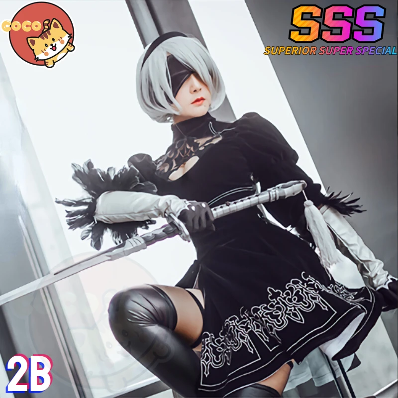 

2B косплей костюм игра ниус: Automata 2B костюм комплект красивый Хэллоуин Девушки вечерние черное платье 2B косплей парик CoCos-SSS