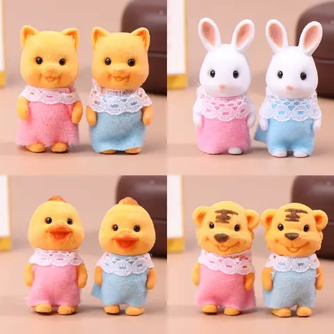 2PCS 시뮬레이션 숲 동물 가족 토끼 고양이 호랑이 병아리 피규어 만화 장식 인형 Collectible Toys For Children Gifts