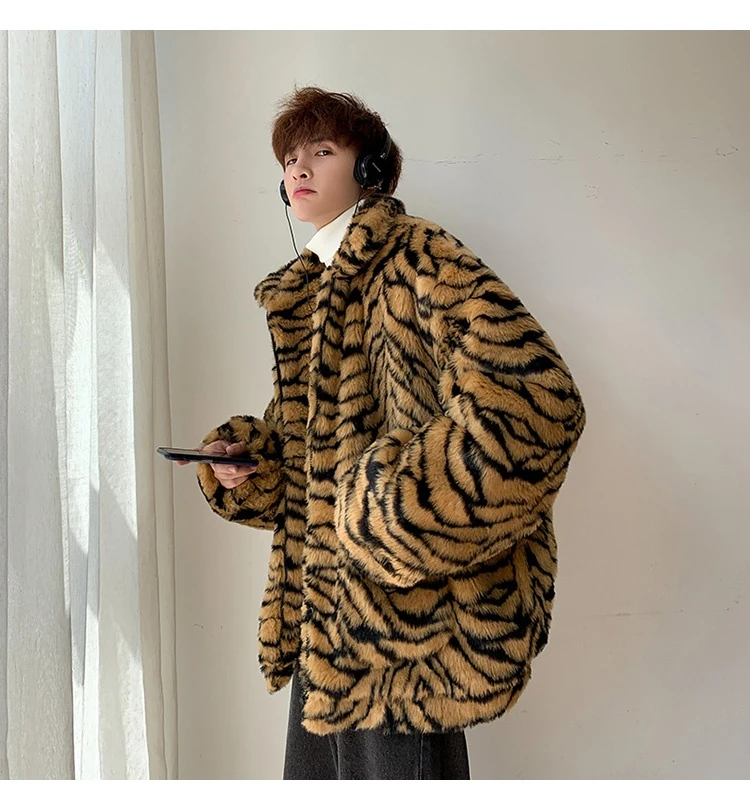 Men Winter Faux Fur Furry Coat Loose Male Leopard Print Tiger Stripe Jacket Oversize Boys Harajuku Outerwear Xxxl Windbreaker