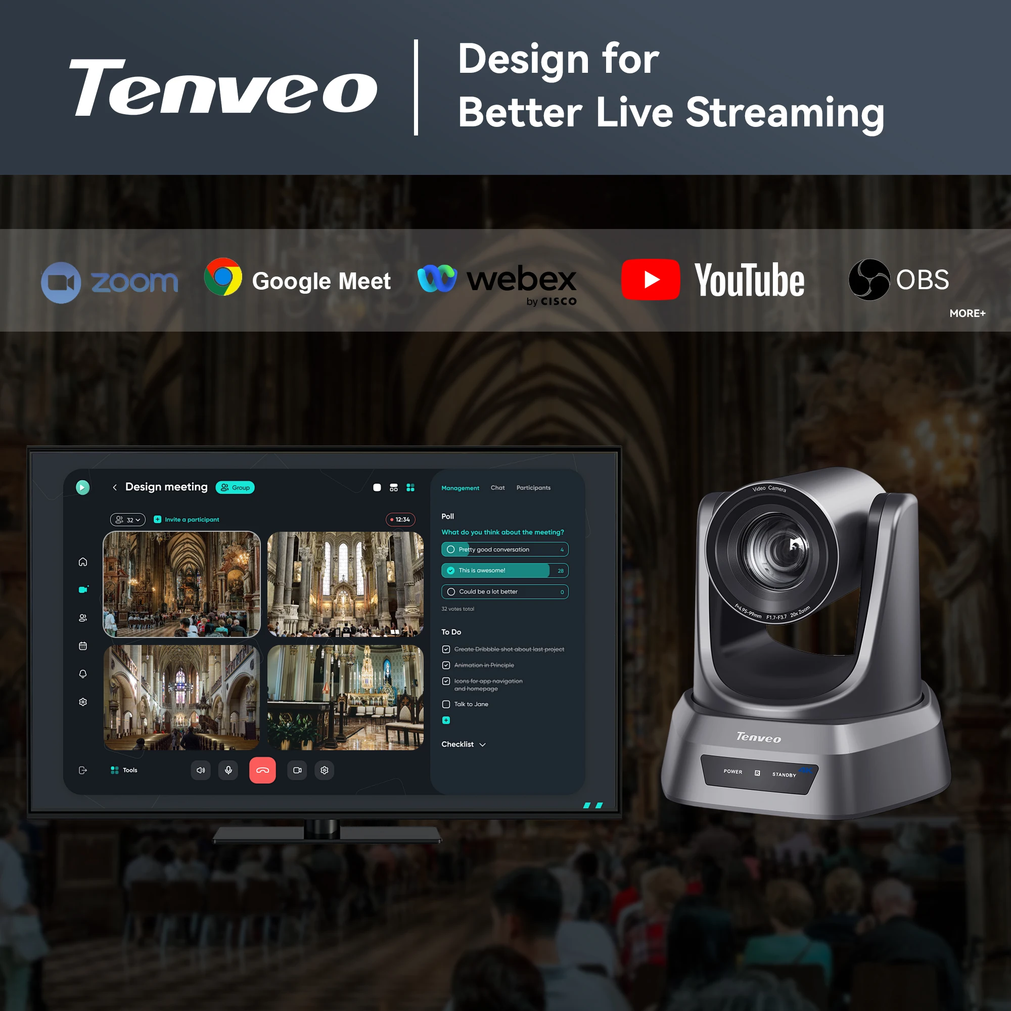 TENVEO NDI PTZ Camera 4K 60FPS 12X Optical Zoom Video Conference System AI Auto-Tracking USB3.0 for Meeting Conference Room view 6