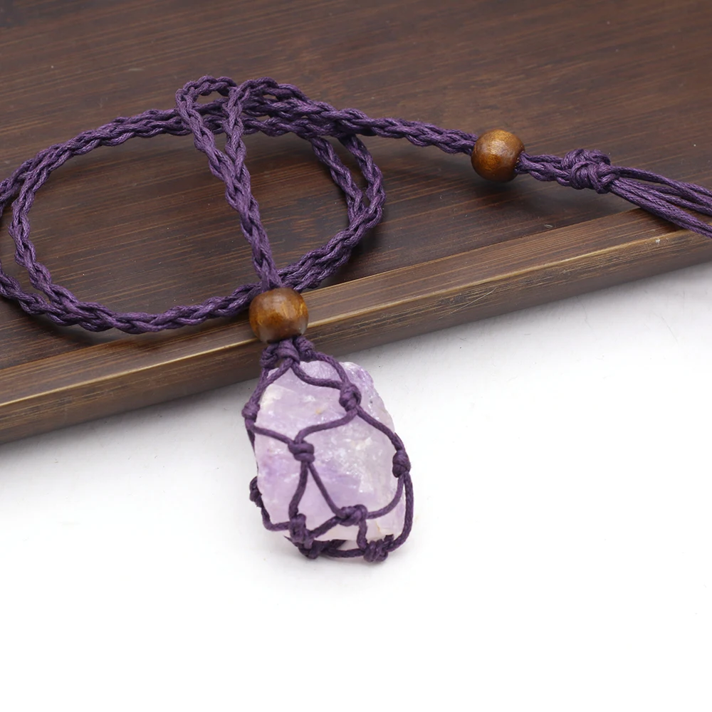 5PCS Irregular Rough Stones Net Pocket Metal Bamboo Chain Necklace Natural Reiki Healing Amethyst Crystals Pendant Necklace Gift