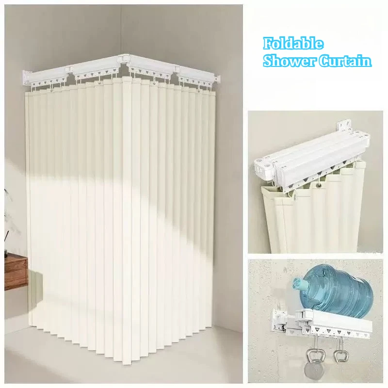 

Foldable Curtain Rod Shower Curtain Set, Invisible Bathroom Partition, Waterproof, No-Drilling, Luxury Wet-Dry Separation