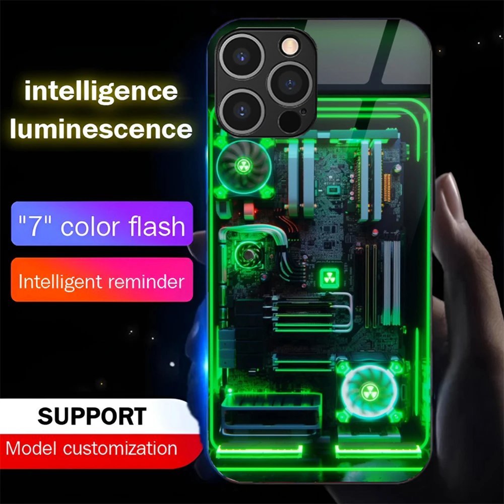 

Cyber CPU Fan Design Led Light Phone Case Call Flash Glitter Cover For iPhone 16 E 15 14 13 12 11 Pro Max X XR XS 7 8