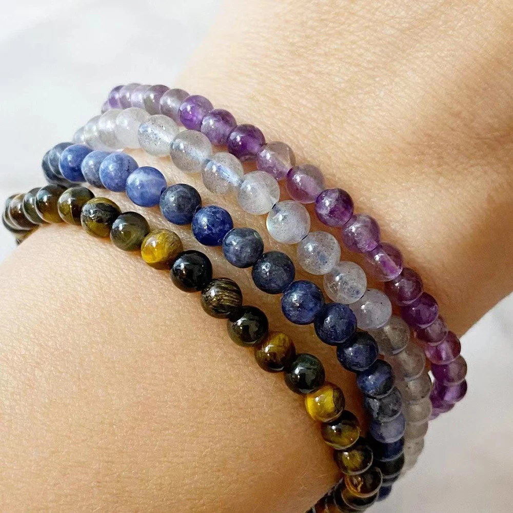 MG2244 4 MM Amethyst Blue Sodalite Tiger Eye Labradorite Bracelet Womens Sagittarius Zodiac Mini Gemstone Bracelet Set