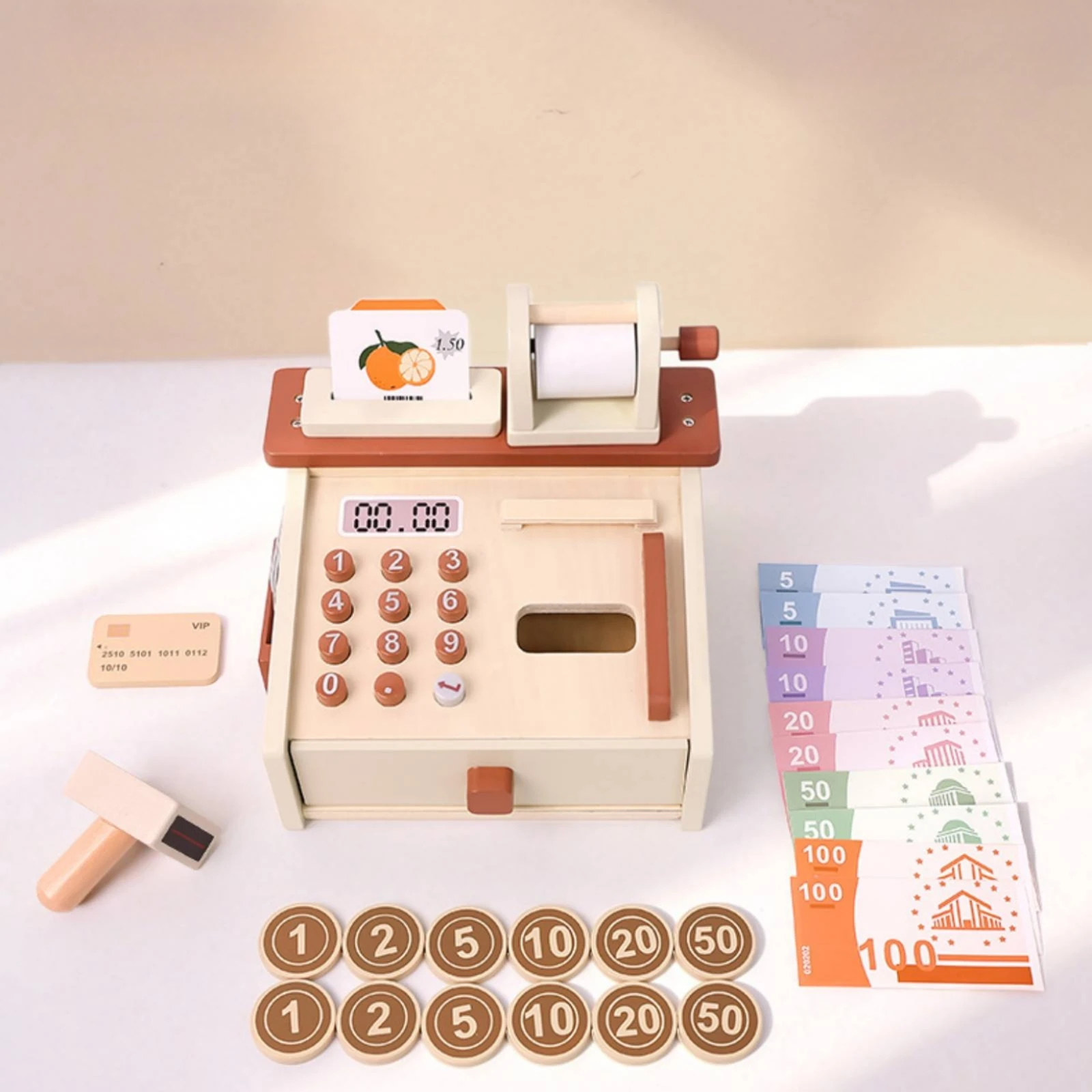 Caisse enregistreuse en bois pour enfants, jouet de jeu imaginatif avec scanner, caisse de caissier de table pour enfants, pour salle de jeux
