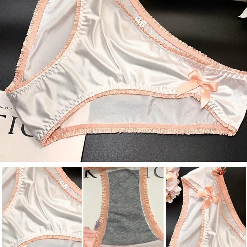 Japanese Ice Silk Bow Satin Fashion Sexy Lace Underwear Women\'s Wooden Ear Edge Briefs Low Waist Triangle Pants Sweet Panties