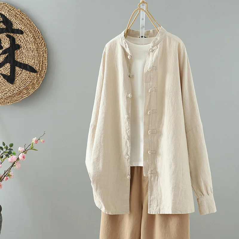 2026 Spring New Chinese Retro Buckle Chic Cotton and Linen Tea Shirt Women Long Sleeve Shirt