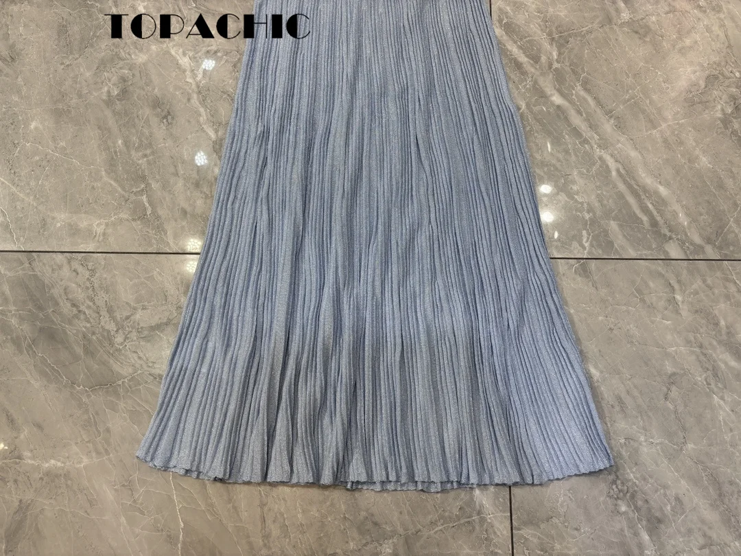 7.1 TOPACHIC Women Fashion Sexy Bowknot Suspender Knitted Dress Elegant Slash -Seck High Waist Pleated Midi Dress