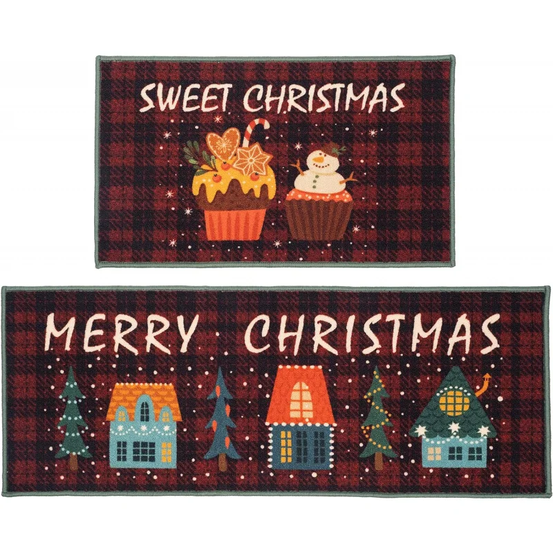 

Christmas Kitchen Floor Mat 2-piece Set Red and Black Bedroom Home Decoration Door Mat 16inX24in 17inX47in