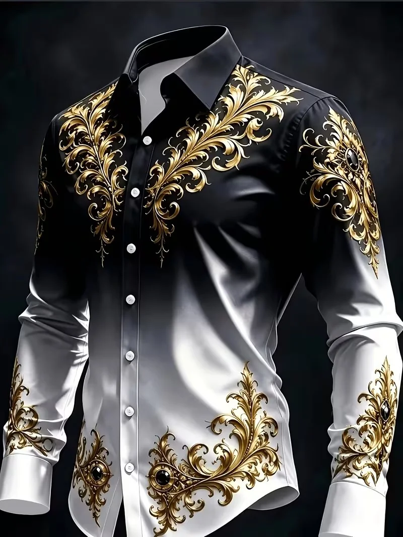 New black and white gradient gilded Baroque gemstone long sleeved shirt, light luxury and high-end men's shirt