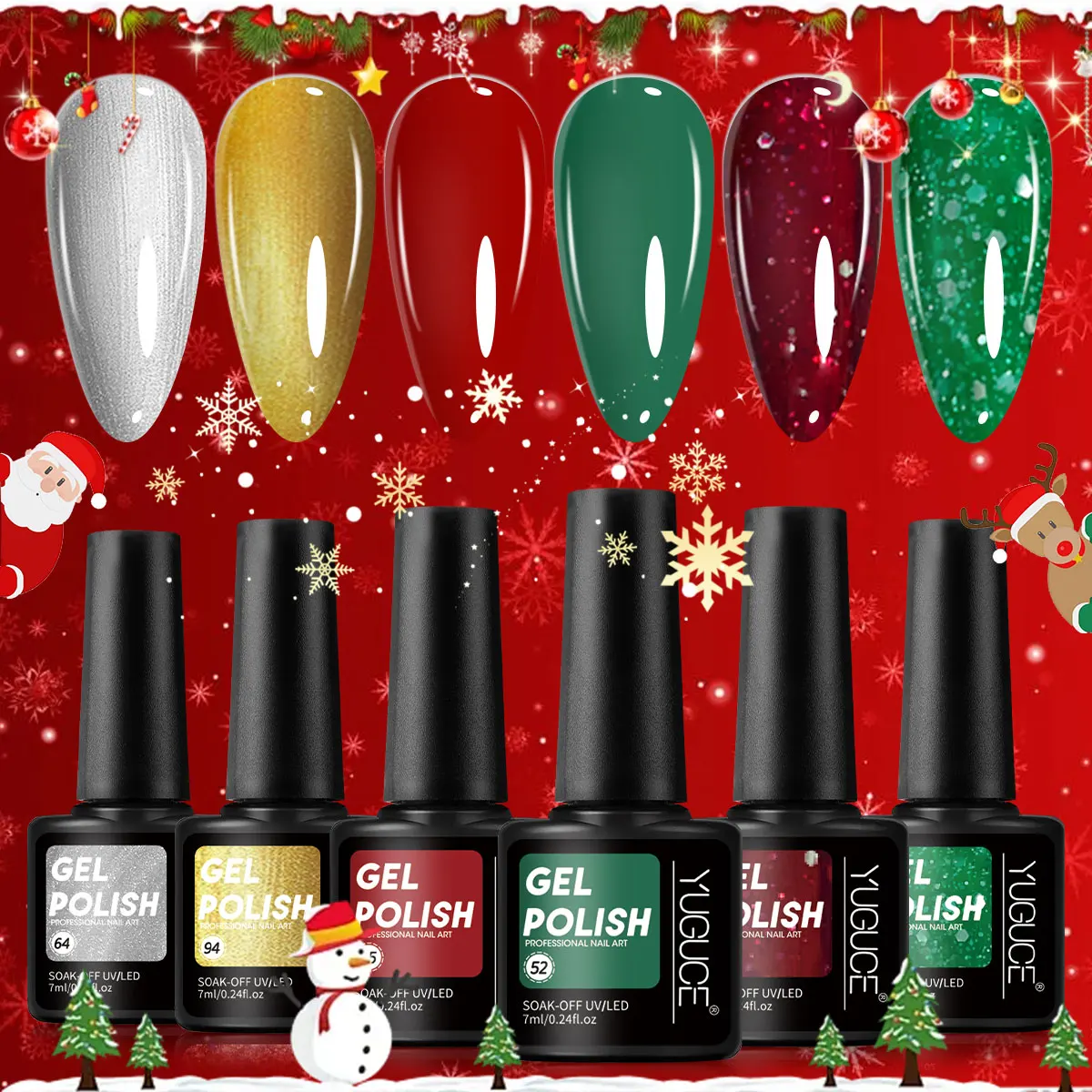 مجموعة Yuguce 6 قطع/صندوق لعيد الميلاد من سلسلة فن الأظافر، أخضر/أحمر/ذهبي/فضي، 0.24 أونصة لكل زجاجة، حجم زجاجة صغيرة، فن صالون الأظافر لأطراف الأصابع، مناسبة كصندوق هدايا للفتيات خلال العطلات، فن أظافر عيد الميلاد