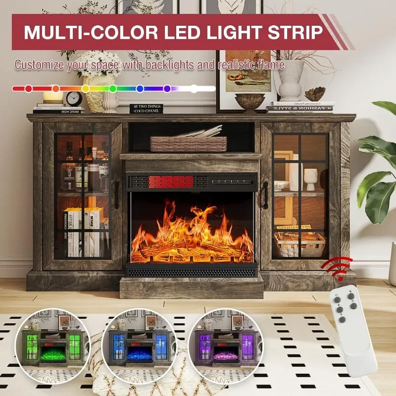 oneinmil 59'' Fireplace TV Stand, 3 Sided Glass Media Entertainment Center Console Table for TVs up to 65'' with Glass Door