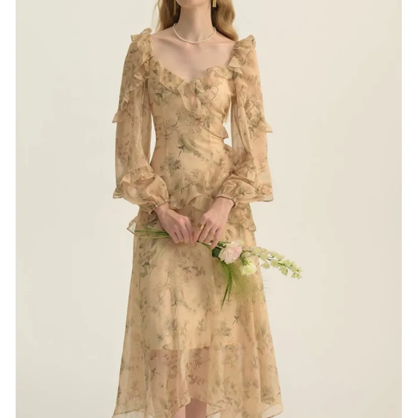 

Sweet Flavor Glass Moonlight Song Spring Elegance Floral Slim Long Sve Gentle Sle Women's Dr Commute Sle